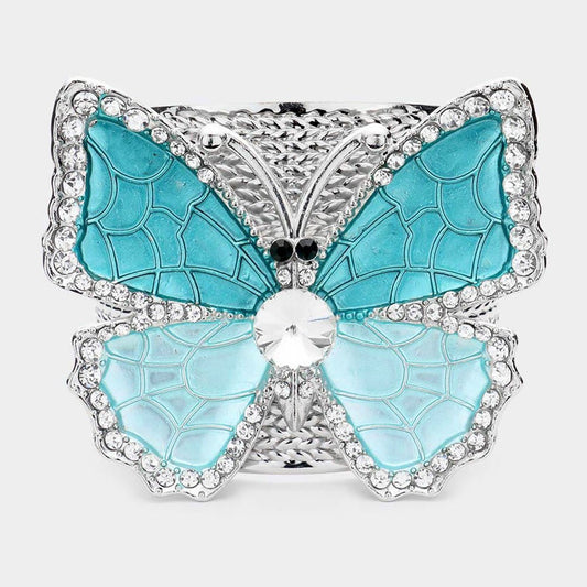 Aqua Sparkle Butterfly Rhinestone Cuff Bracelet - Hautefull