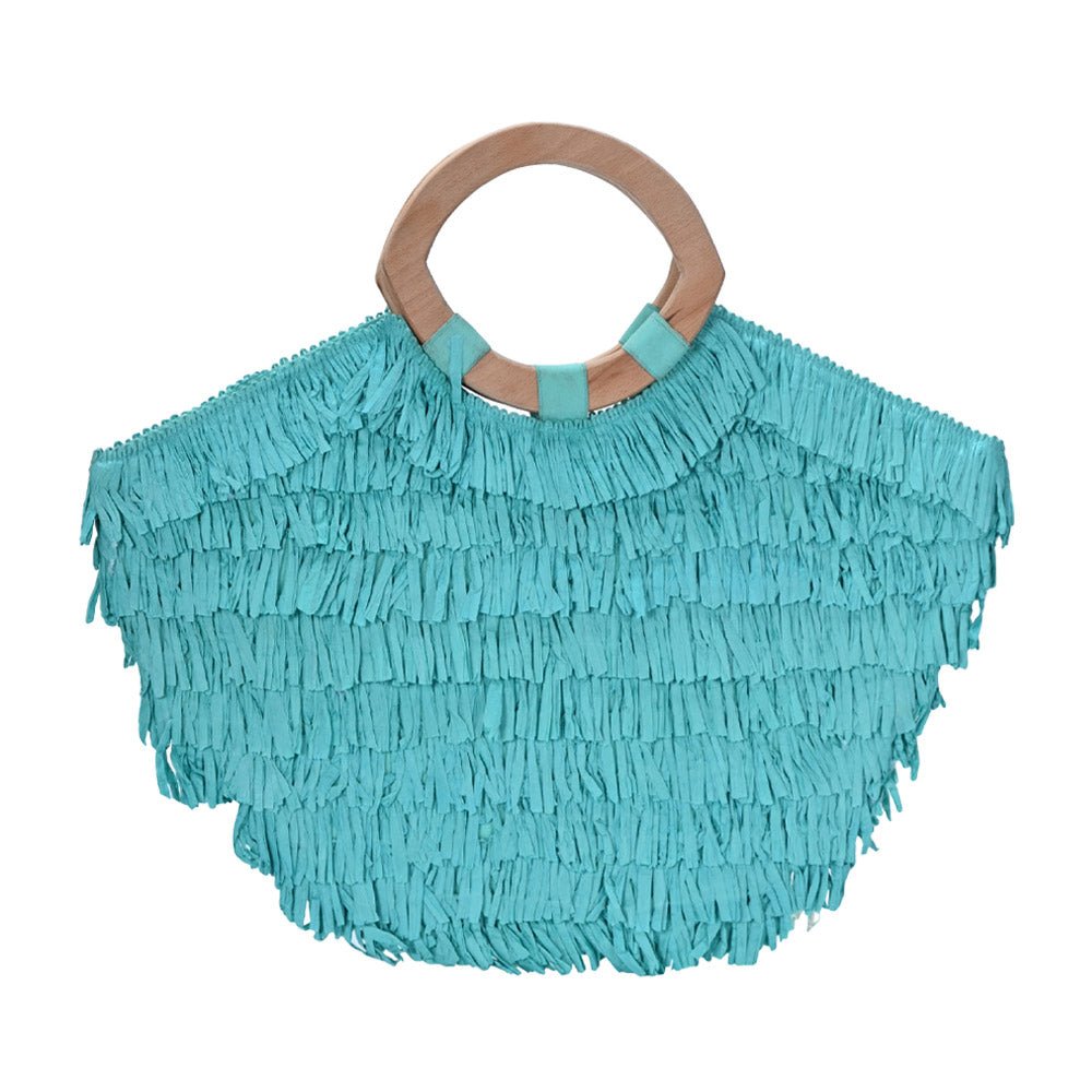 Artisanal Wooden Handle Woven Fringe Tote Bag - Hautefull