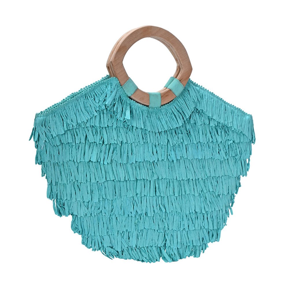 Artisanal Wooden Handle Woven Fringe Tote Bag - Hautefull