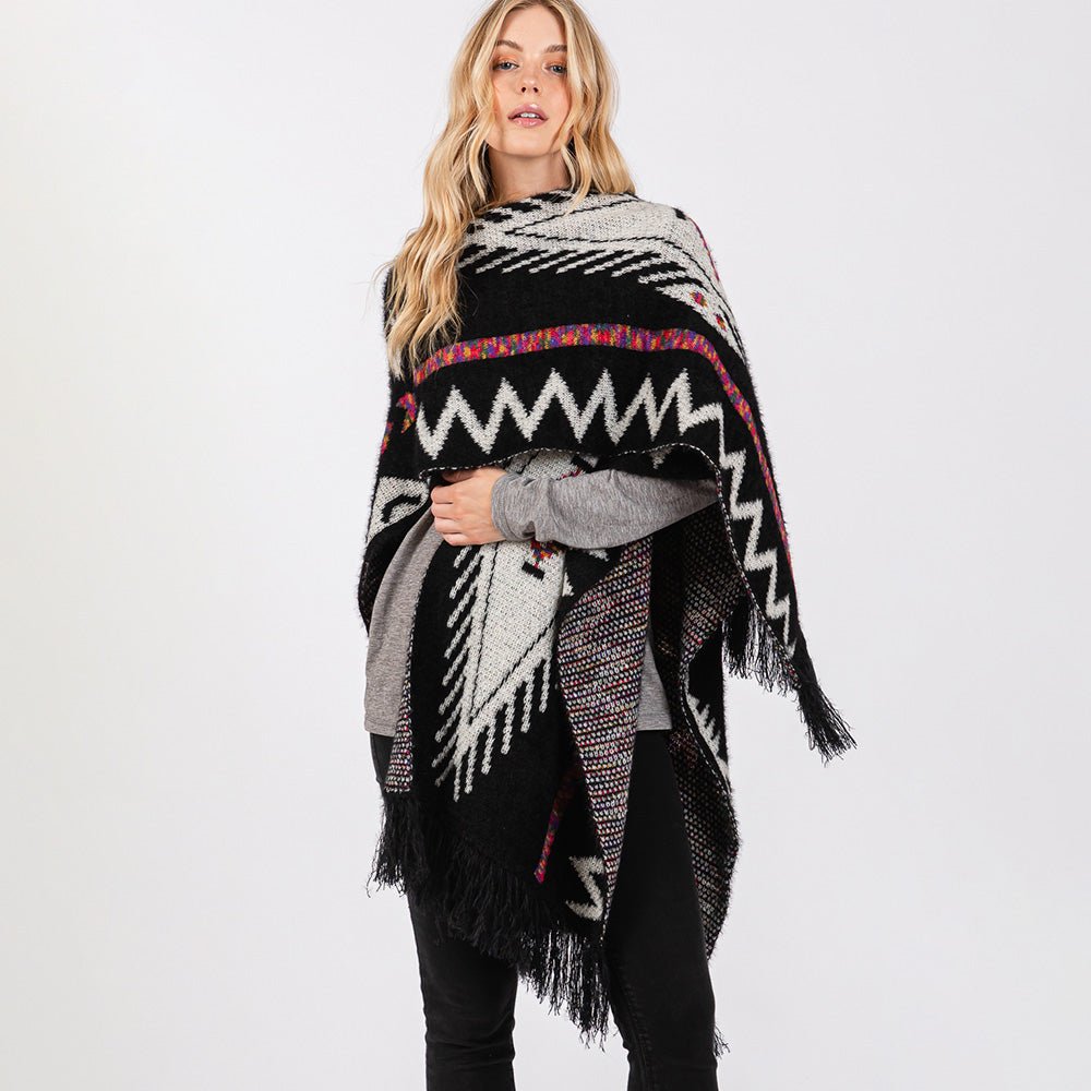 Aztec Print Fringe Ruana Wrap - Hautefull