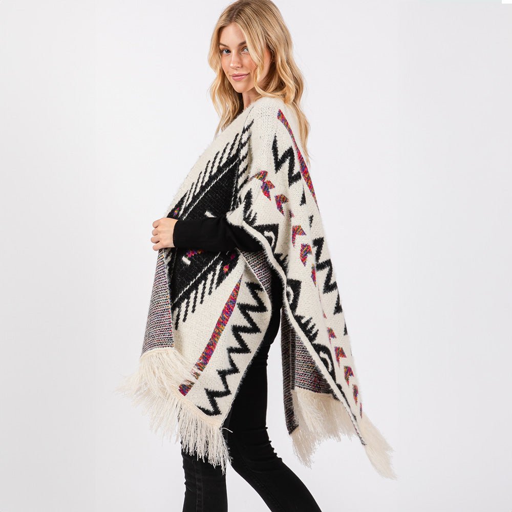 Aztec Print Fringe Ruana Wrap - Hautefull