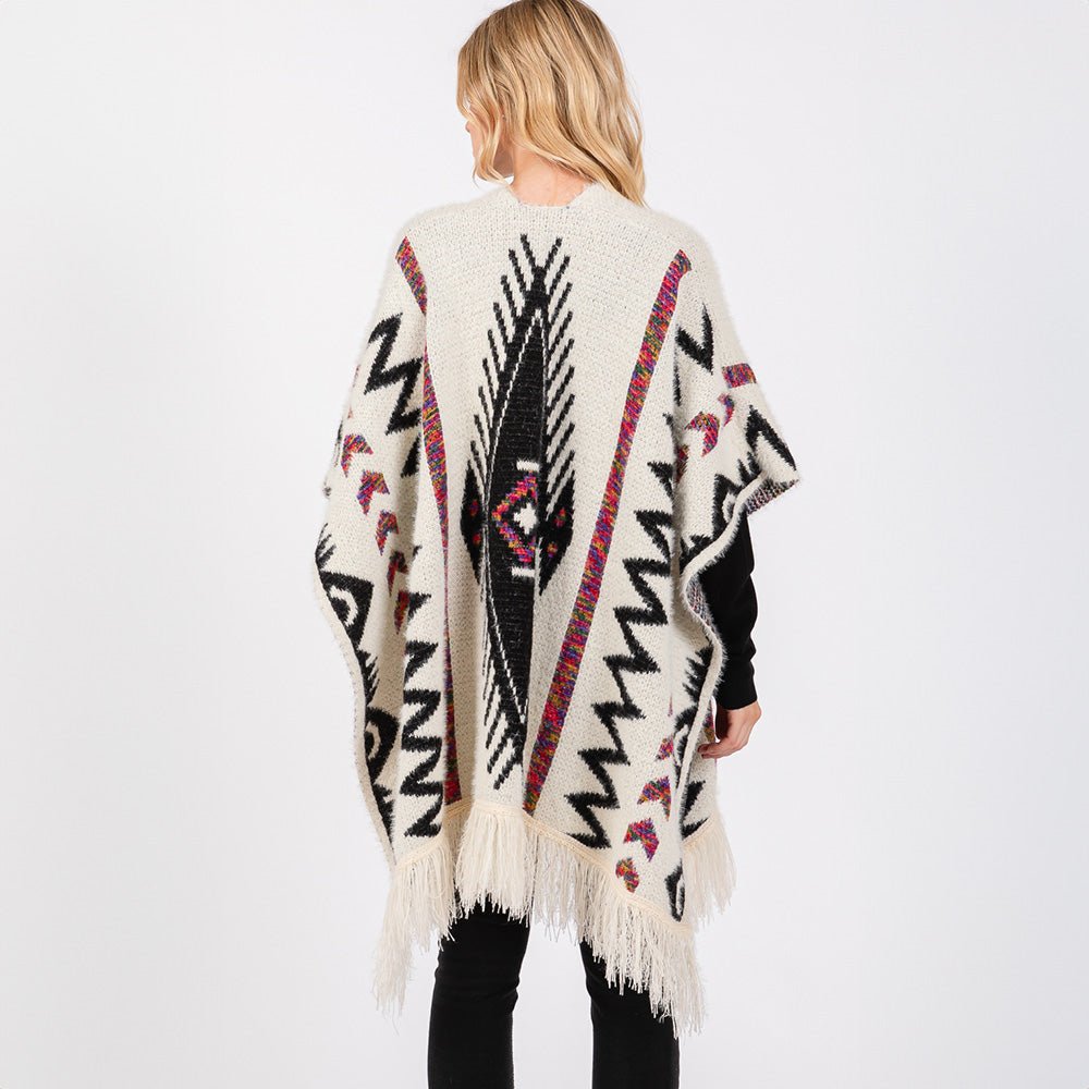 Aztec Print Fringe Ruana Wrap - Hautefull