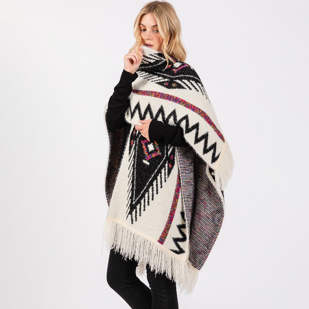 Aztec Print Fringe Ruana Wrap - Hautefull