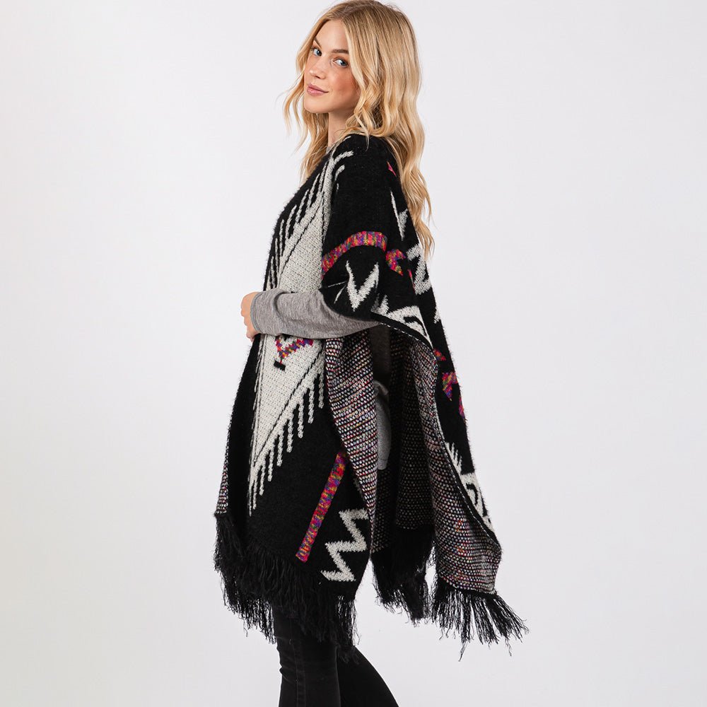 Aztec Print Fringe Ruana Wrap - Hautefull