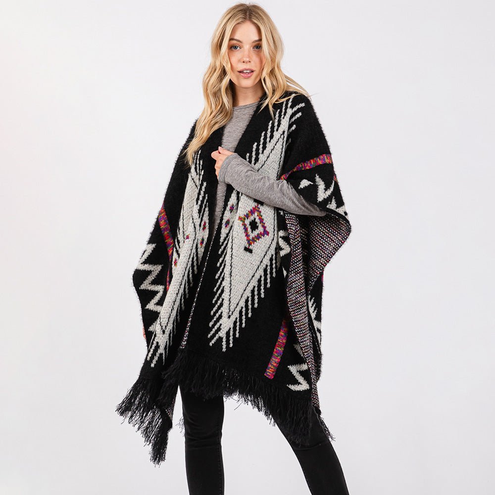 Aztec Print Fringe Ruana Wrap - Hautefull