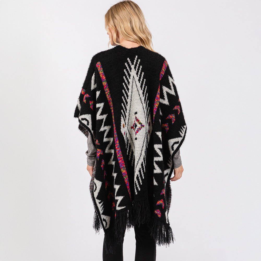 Aztec Print Fringe Ruana Wrap - Hautefull