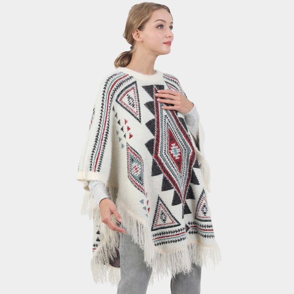 Aztec Printed Fringe Poncho for Women - Hautefull