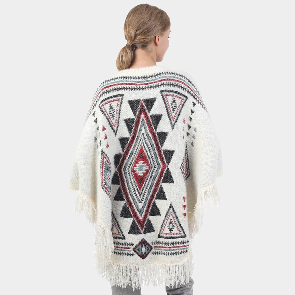 Aztec Printed Fringe Poncho for Women - Hautefull