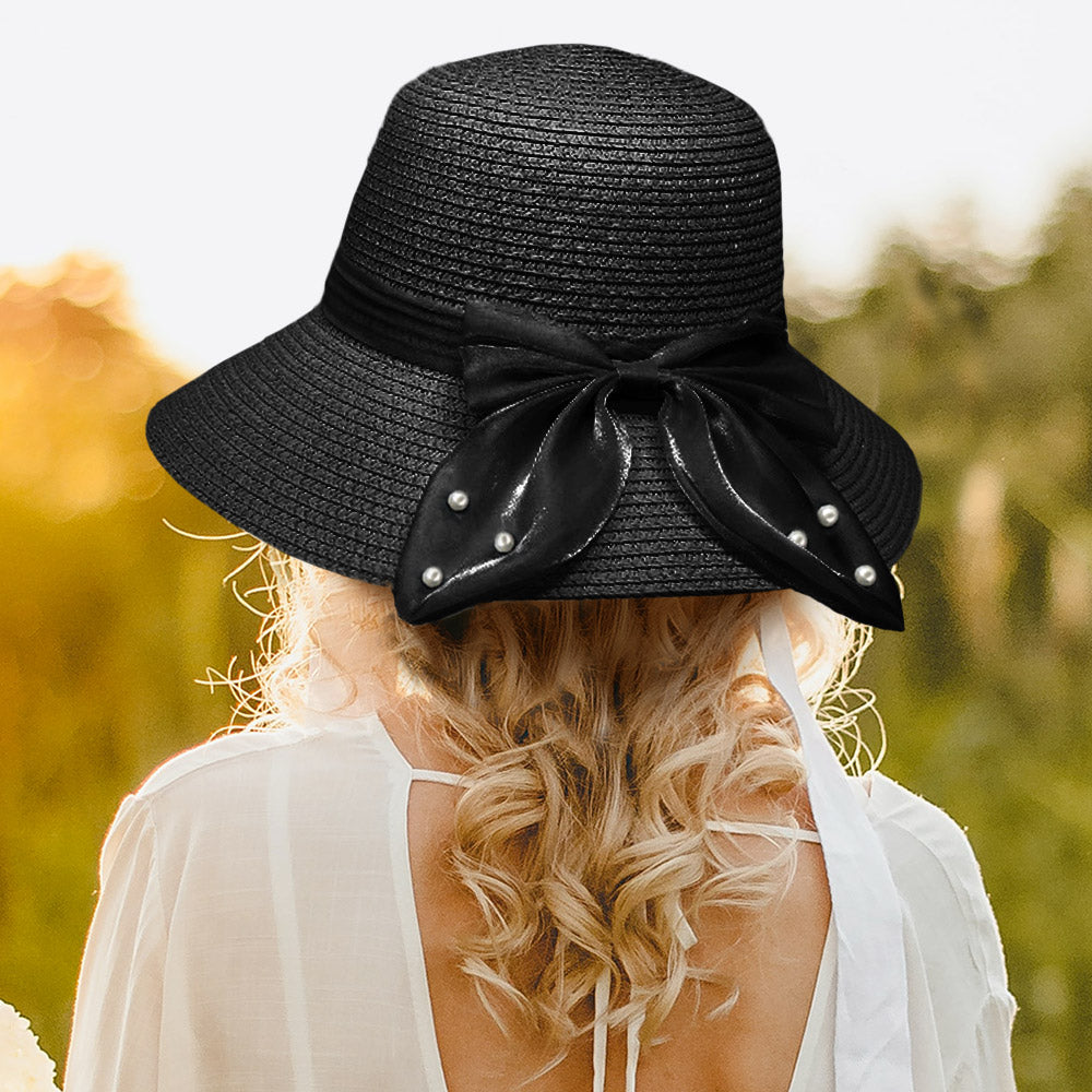 Pearl Adorned Bow Straw Sun Hat