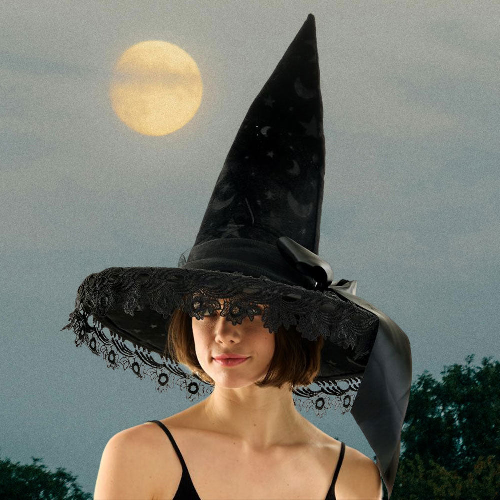 Bow Witch Hat with Flower Lace for Halloween Costume - Hautefull