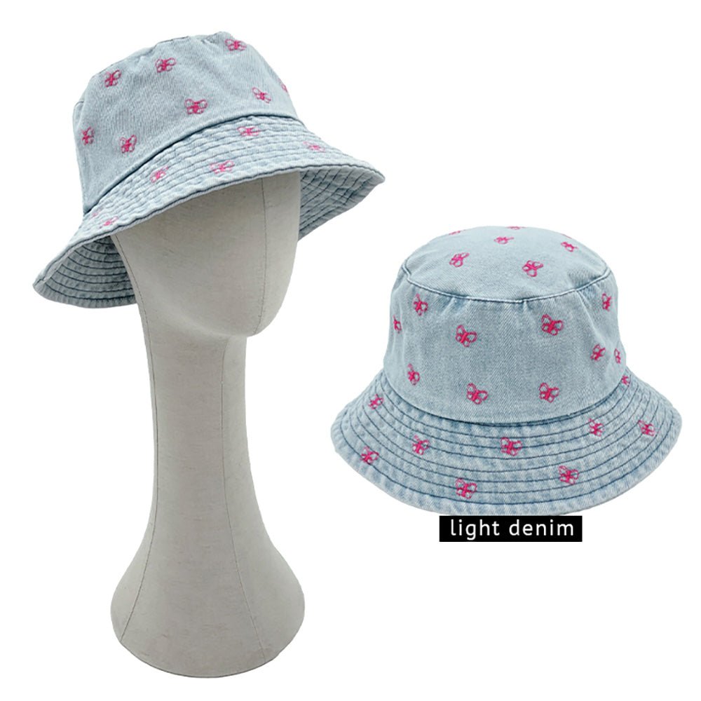 Butterfly Printed Embroidered Denim Bucket Hat - Hautefull