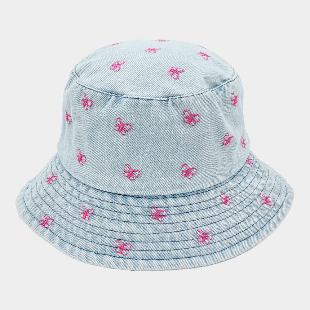 Butterfly Printed Embroidered Denim Bucket Hat - Hautefull