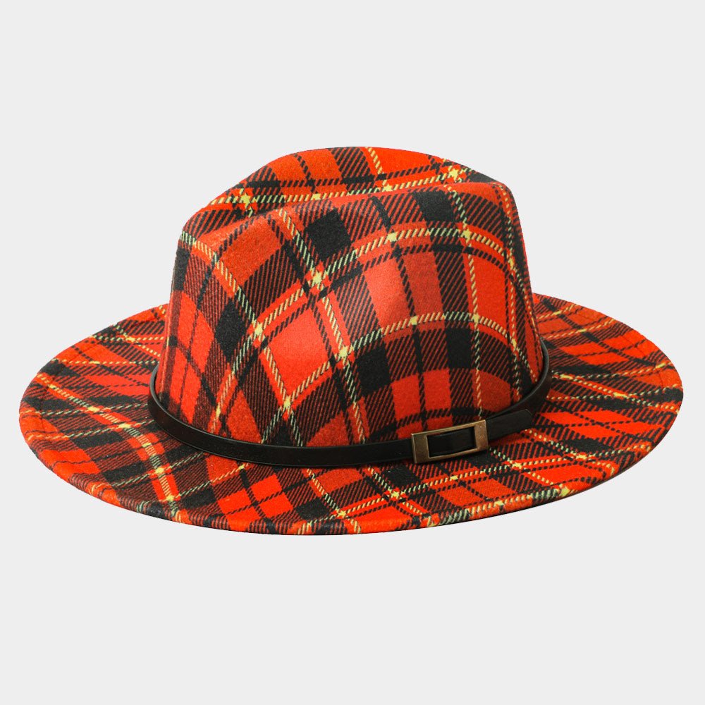 Checkered Plaid Belted Fedora Hat - Hautefull