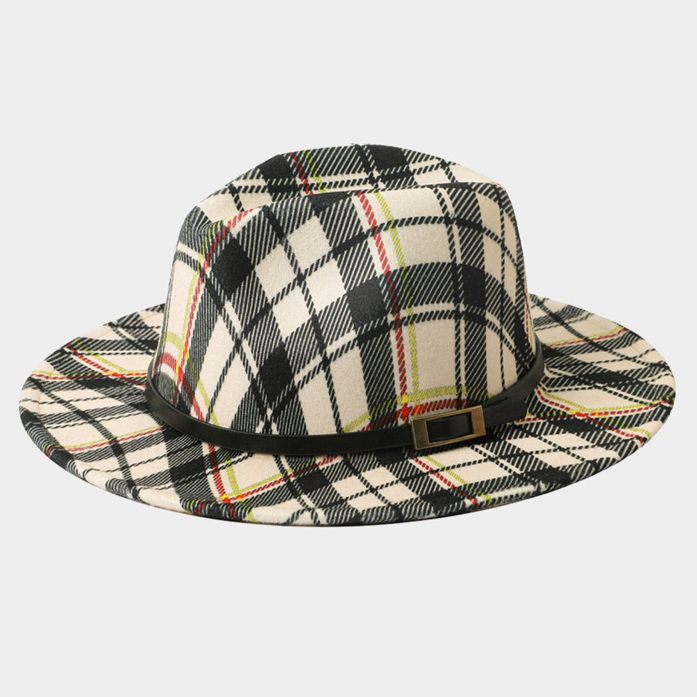 Checkered Plaid Belted Fedora Hat - Hautefull