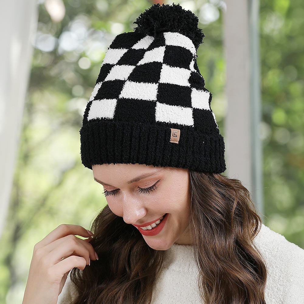 Checkered Pom Beanie for Winter - Hautefull