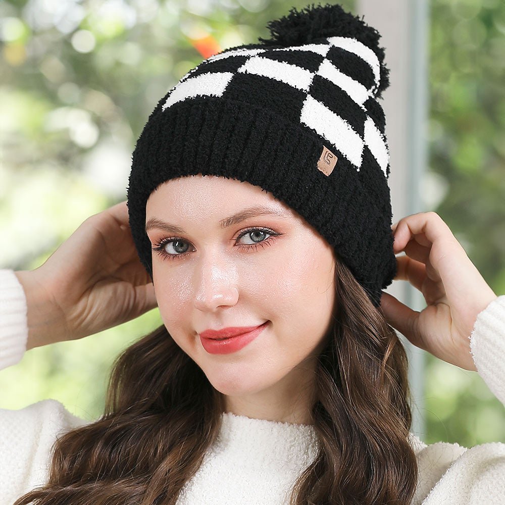 Checkered Pom Beanie for Winter - Hautefull