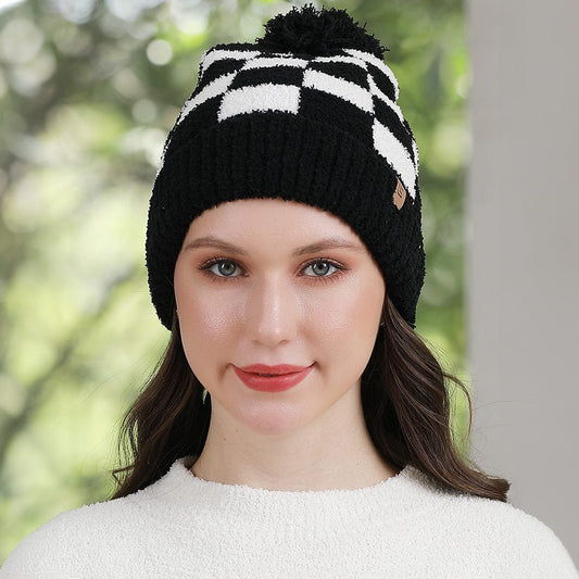 Checkered Pom Beanie for Winter - Hautefull