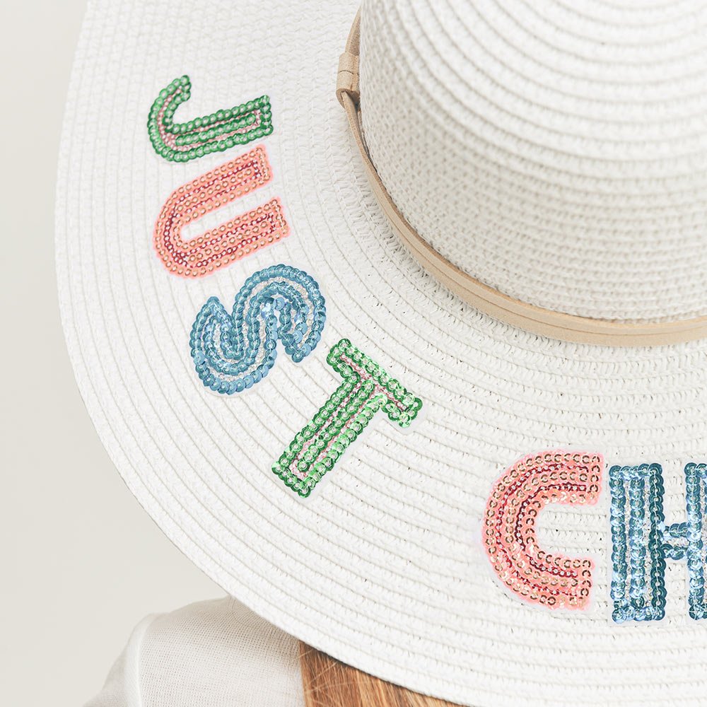 "Chill Out" Sequin Message Straw Panama Hat - Hautefull