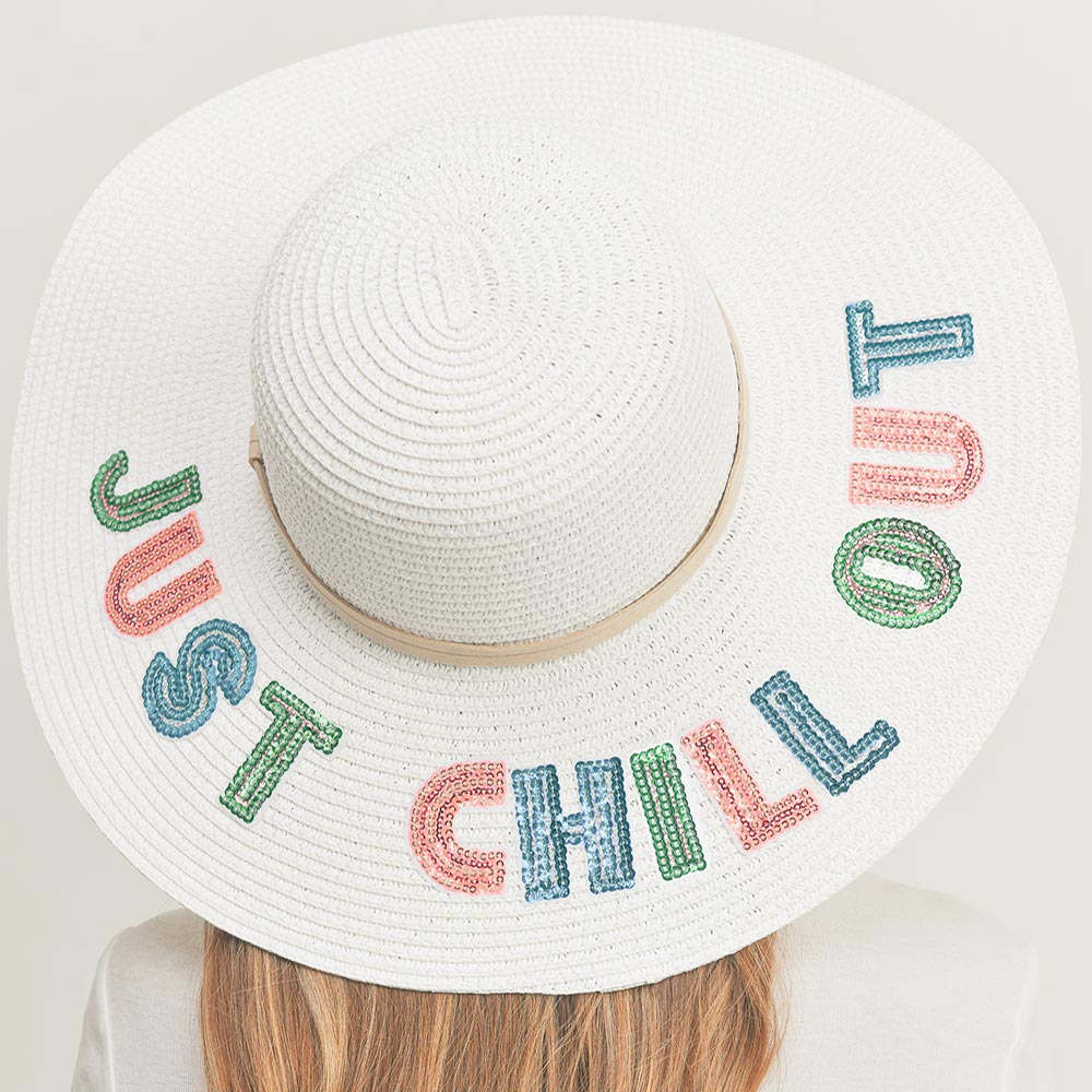 "Chill Out" Sequin Message Straw Panama Hat - Hautefull