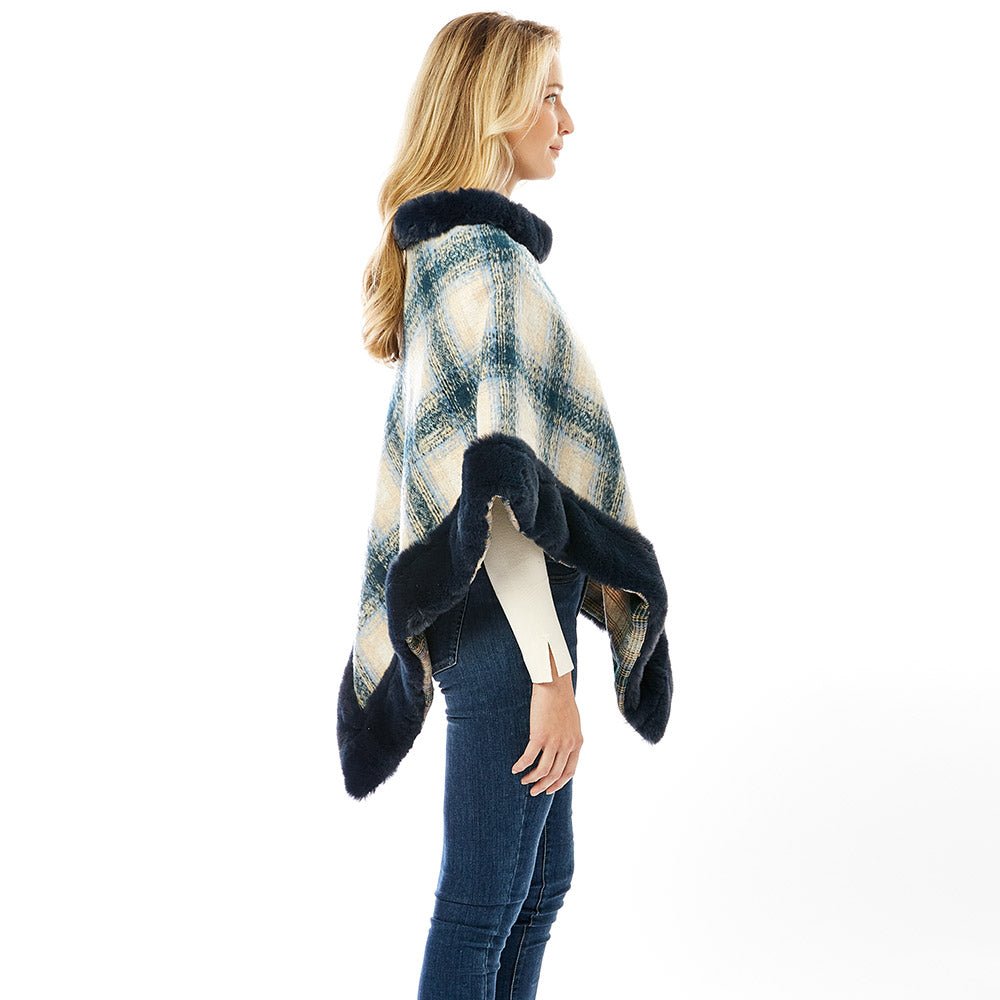 Faux Fur Trimmed Plaid Poncho for Women - Hautefull