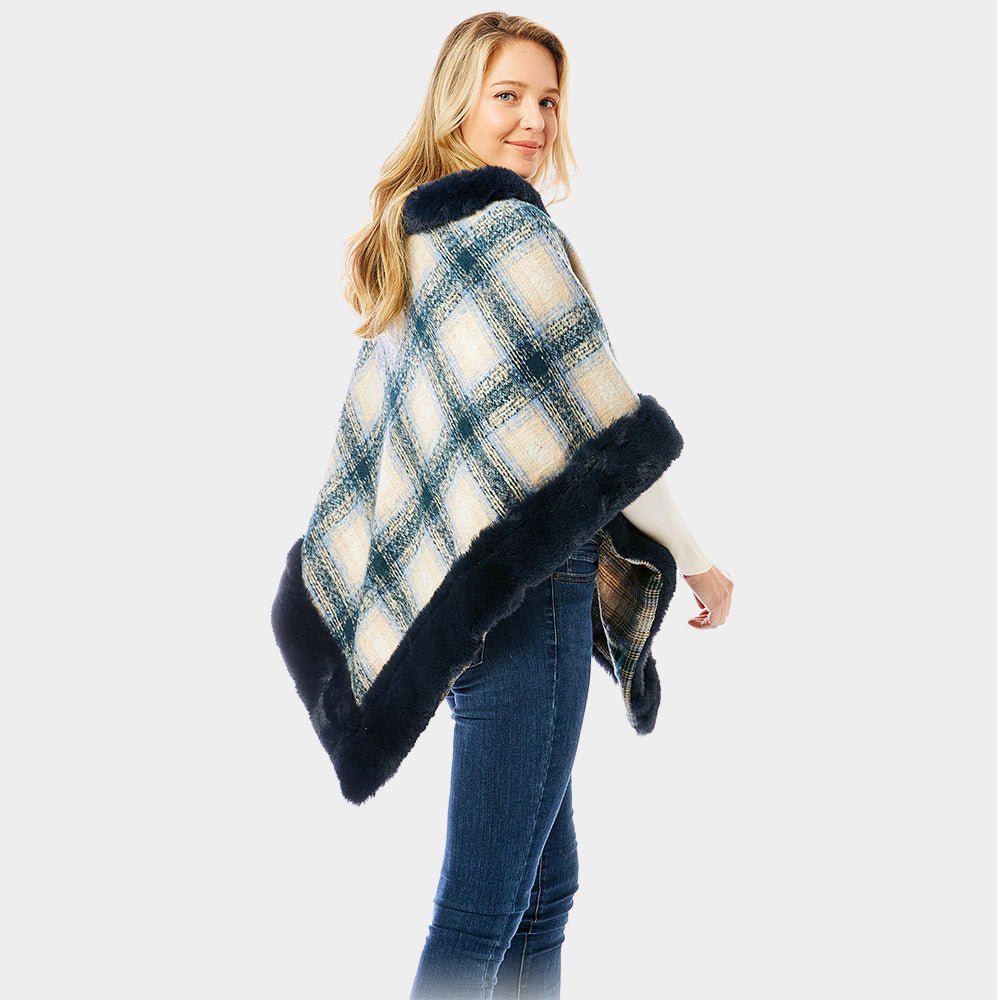 Faux Fur Trimmed Plaid Poncho for Women - Hautefull