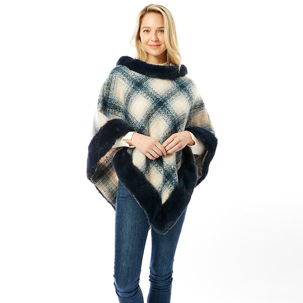 Faux Fur Trimmed Plaid Poncho for Women - Hautefull