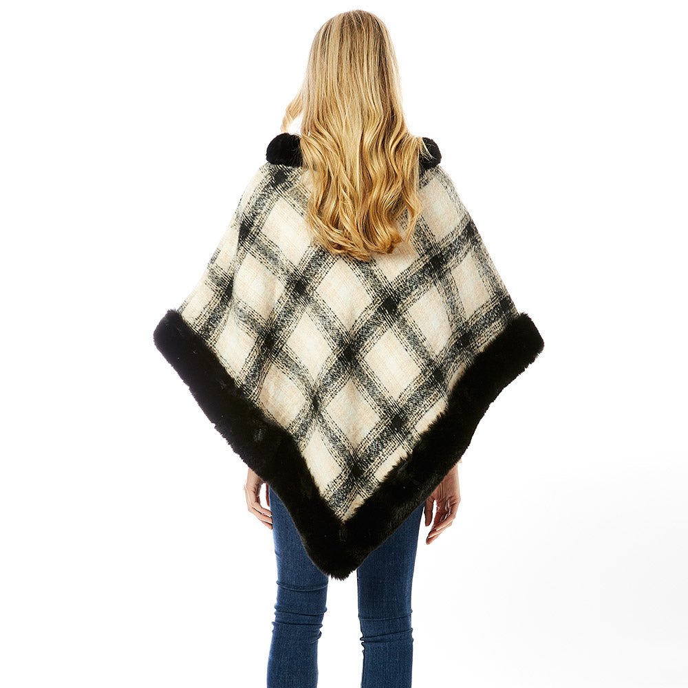 Faux Fur Trimmed Plaid Poncho for Women - Hautefull