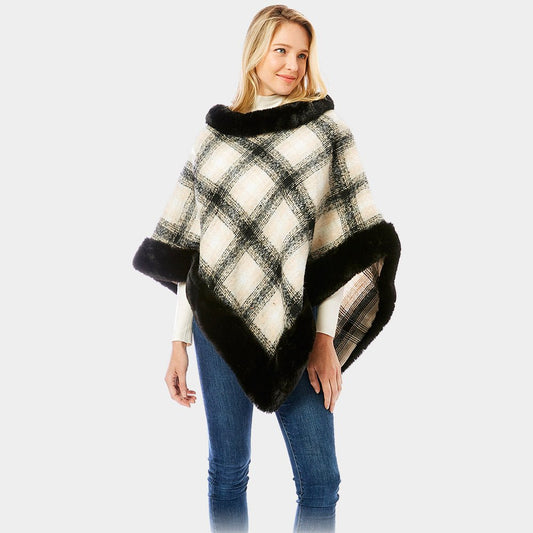 Faux Fur Trimmed Plaid Poncho for Women - Hautefull