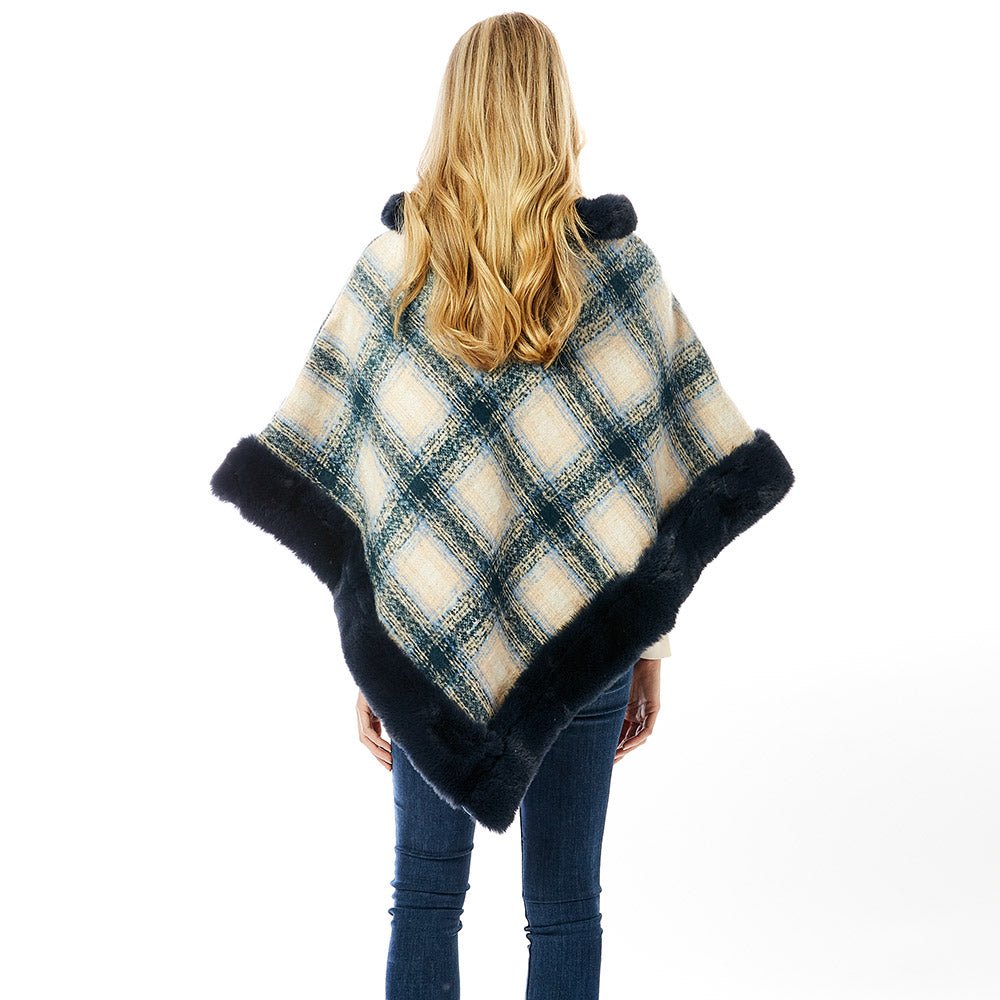 Faux Fur Trimmed Plaid Poncho for Women - Hautefull