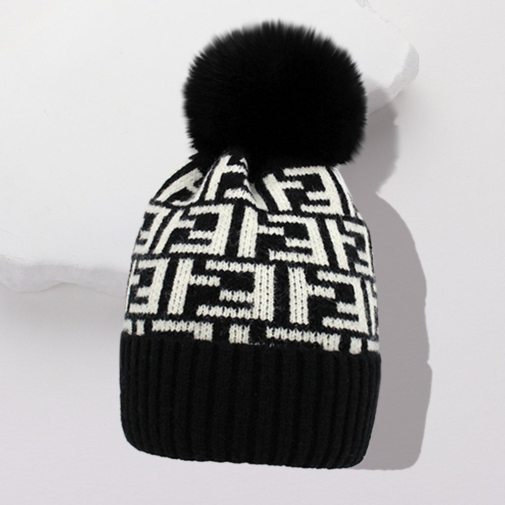 Geometric Print Pom Beanie Hat for Winter - Hautefull