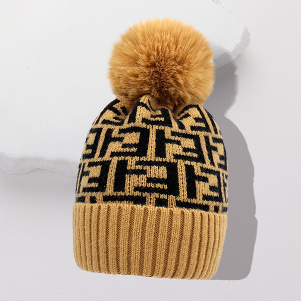 Geometric Print Pom Beanie Hat for Winter - Hautefull