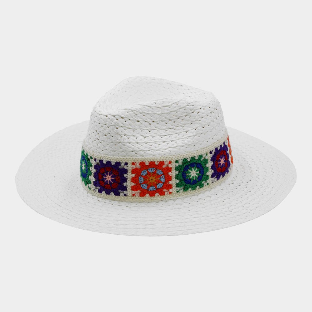 Handmade Floral Crochet Band Straw Hat - Hautefull