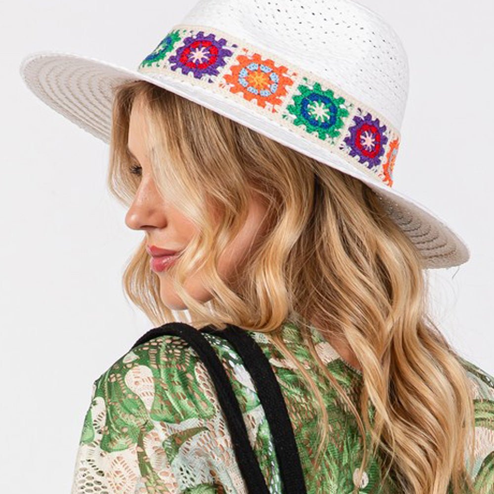 Handmade Floral Crochet Band Straw Hat - Hautefull