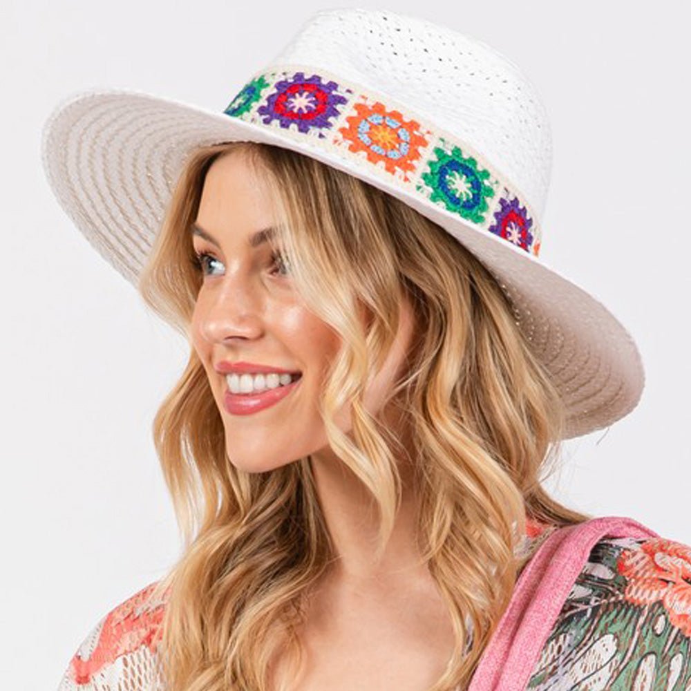 Handmade Floral Crochet Band Straw Hat - Hautefull