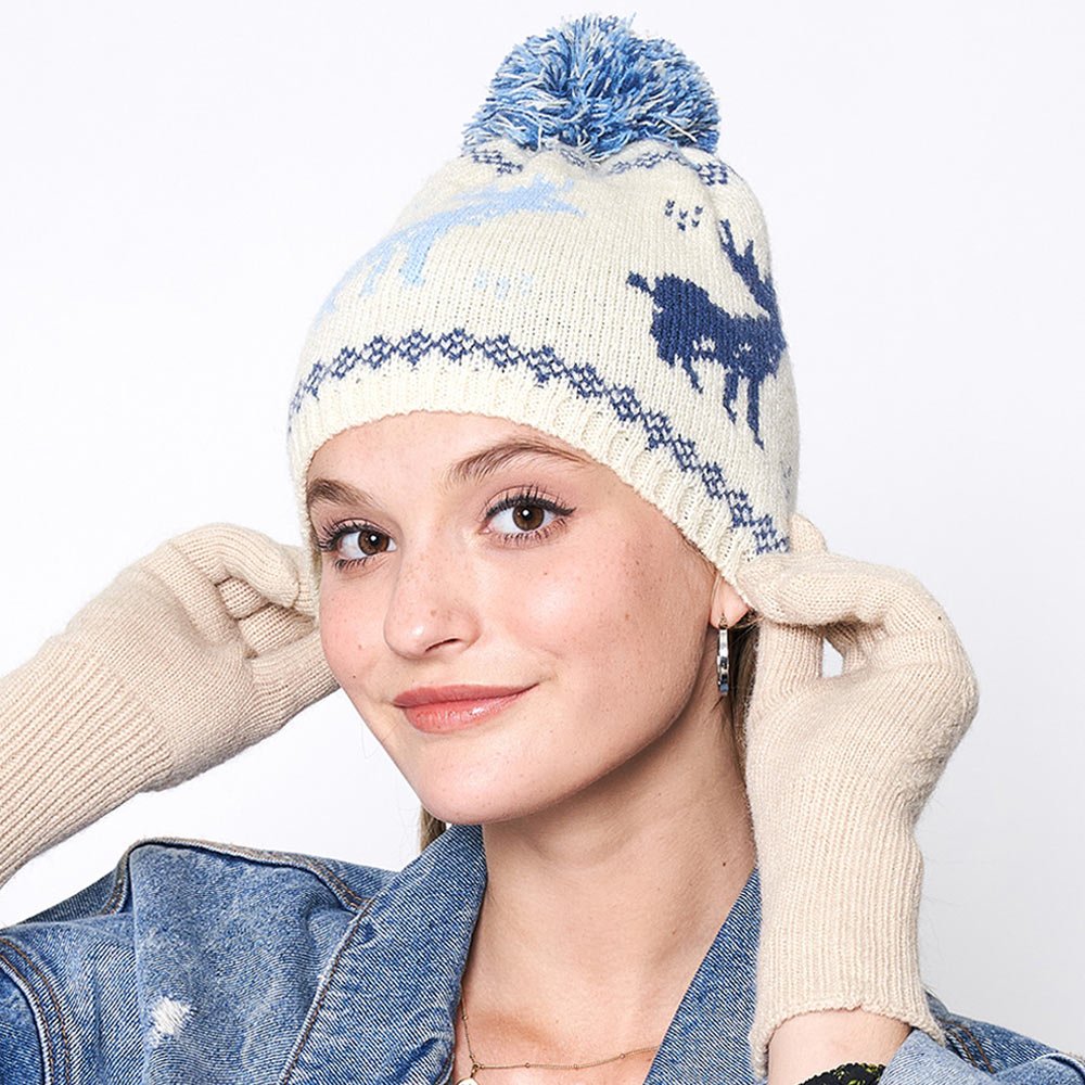 Nordic Reindeer Print Pom Beanie Hat - Hautefull