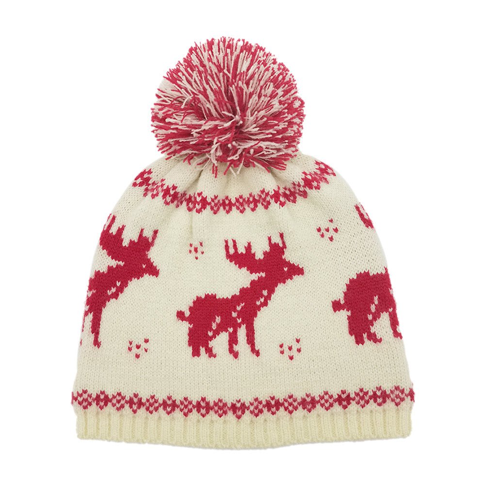 Nordic Reindeer Print Pom Beanie Hat - Hautefull