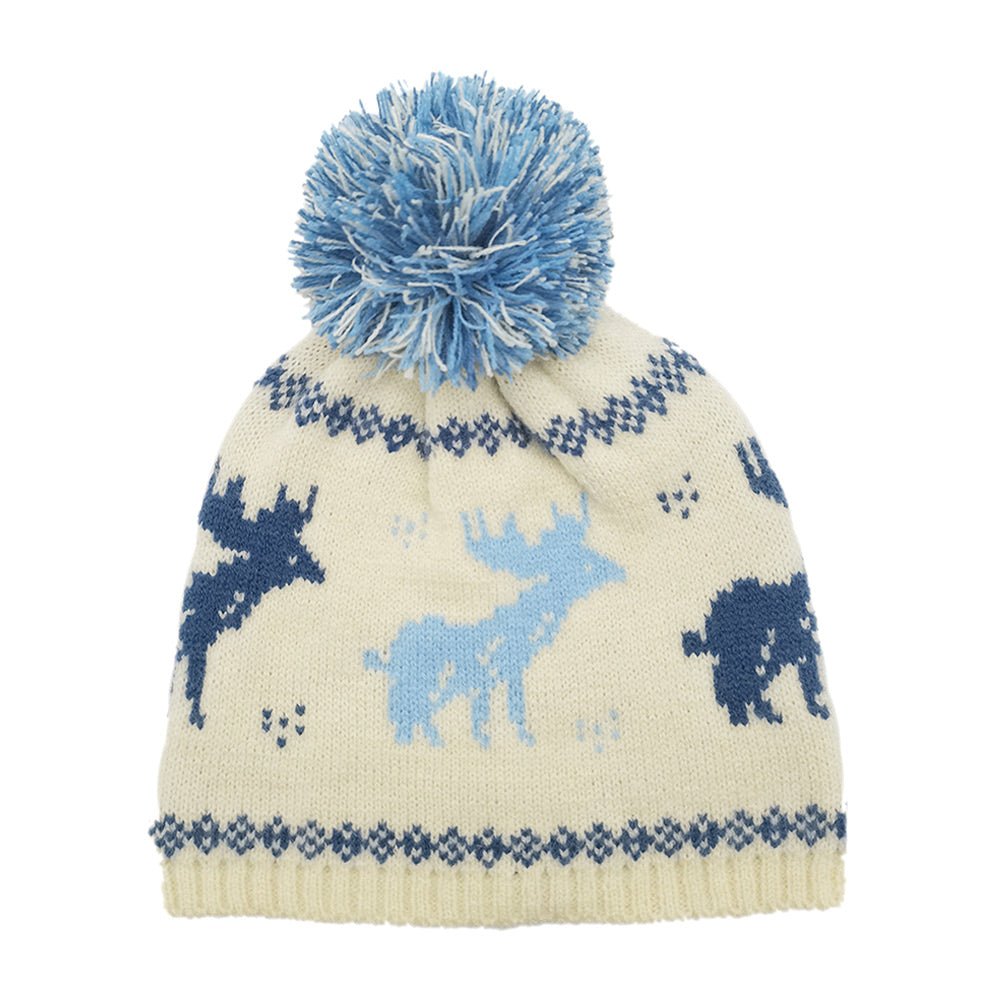 Nordic Reindeer Print Pom Beanie Hat - Hautefull