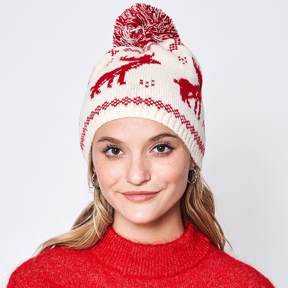 Nordic Reindeer Print Pom Beanie Hat - Hautefull