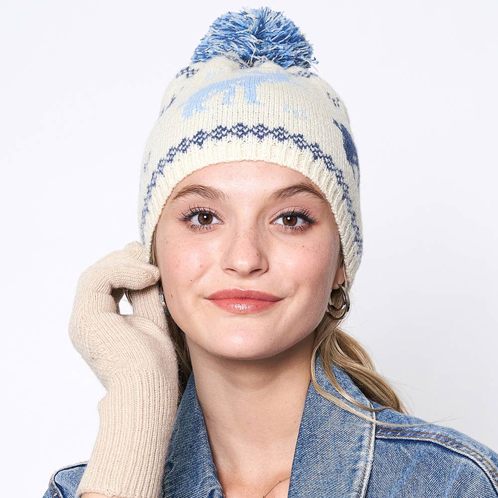 Nordic Reindeer Print Pom Beanie Hat - Hautefull