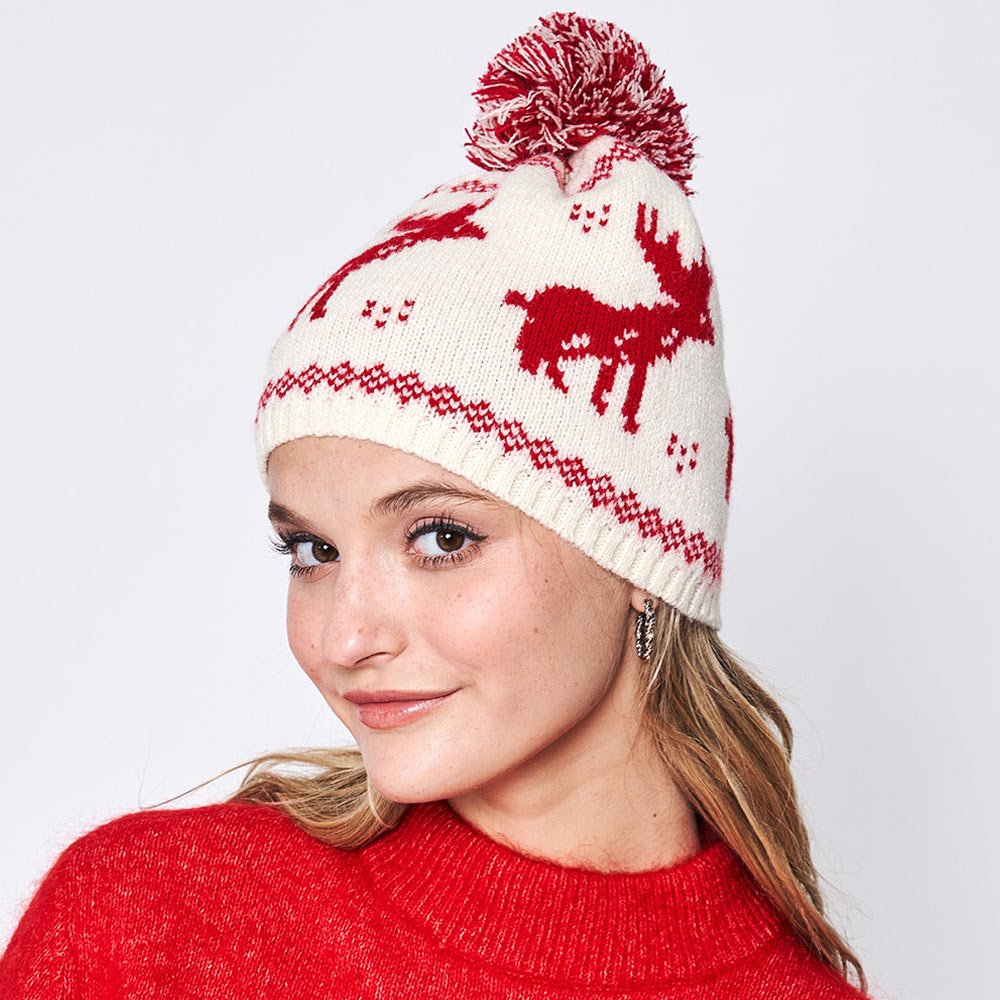 Nordic Reindeer Print Pom Beanie Hat - Hautefull