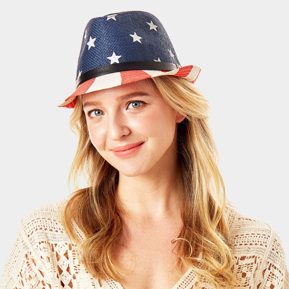 Patriotic Stars and Stripes Faux Leather Belt Fedora Hat - Hautefull