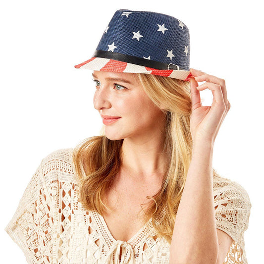 Patriotic Stars and Stripes Faux Leather Belt Fedora Hat - Hautefull