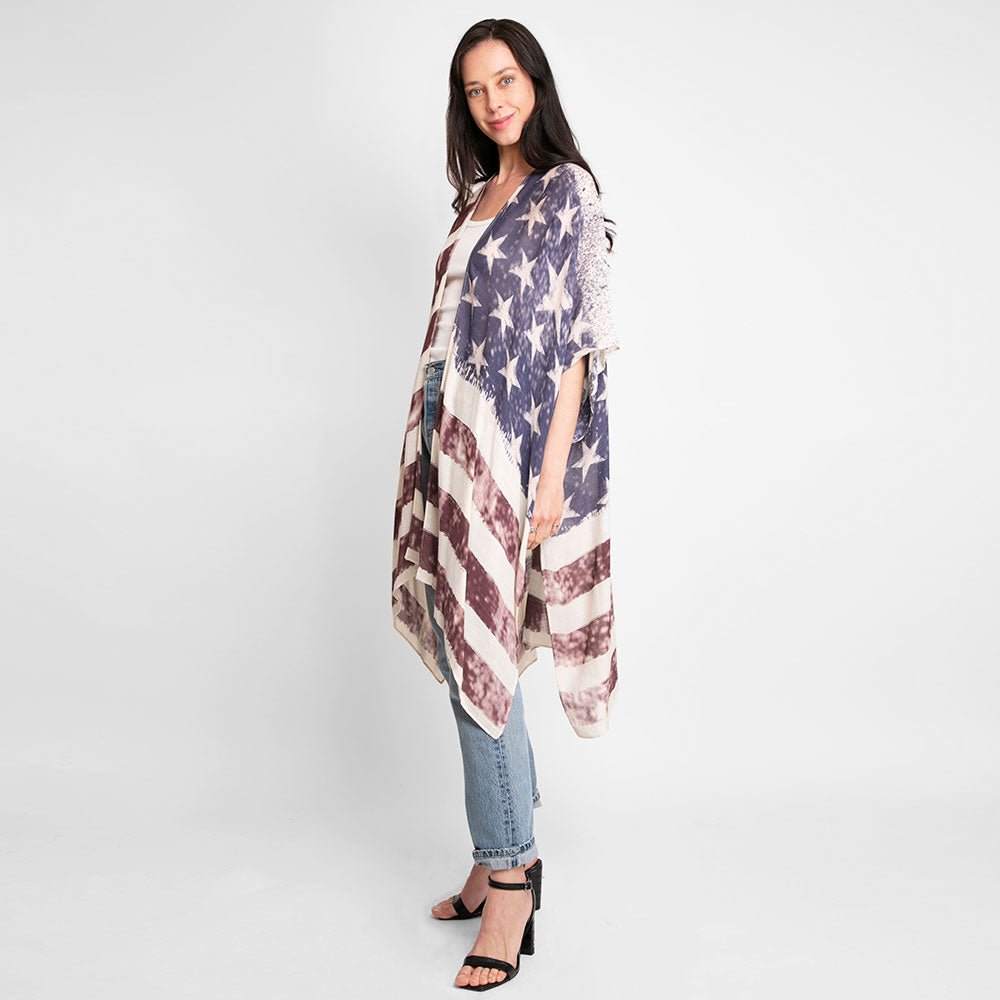 Patriotic USA Flag Print Kimono Poncho Cover-Up - Hautefull