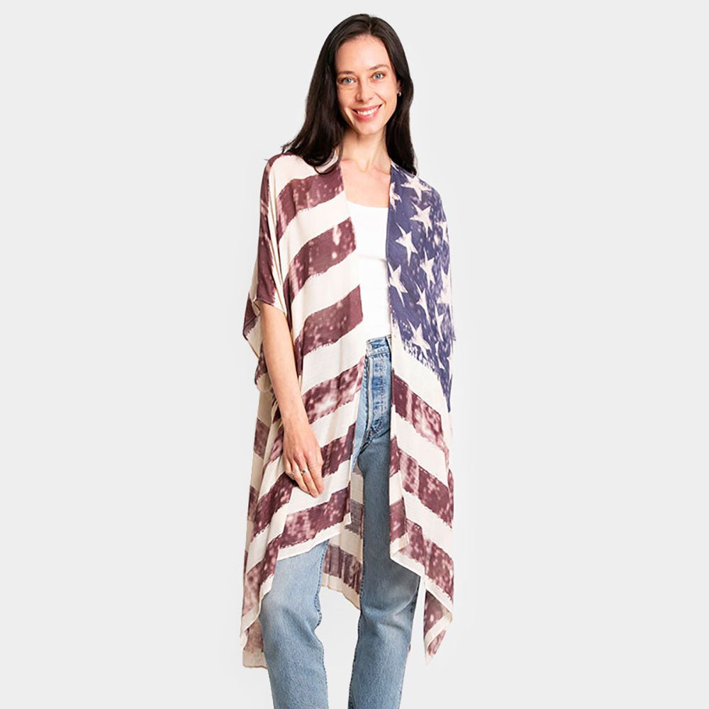 Patriotic USA Flag Print Kimono Poncho Cover-Up - Hautefull