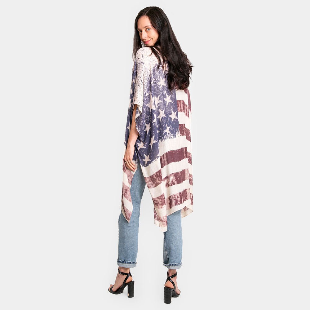 Patriotic USA Flag Print Kimono Poncho Cover-Up - Hautefull