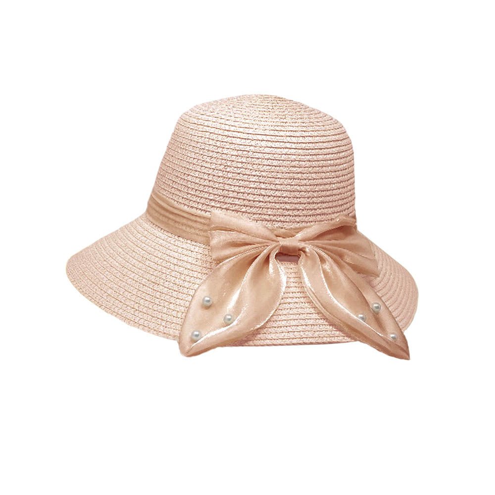 Pearl Adorned Bow Straw Sun Hat - Hautefull
