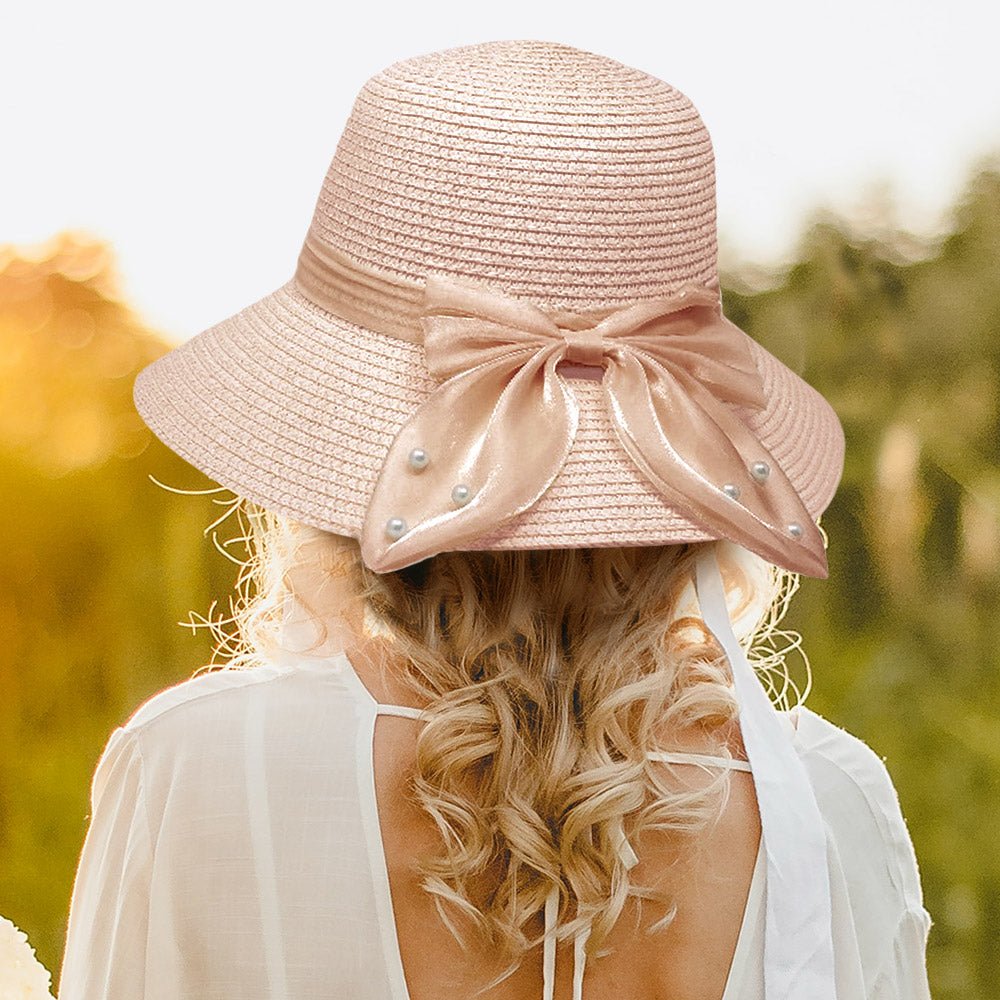 Pearl Adorned Bow Straw Sun Hat - Hautefull
