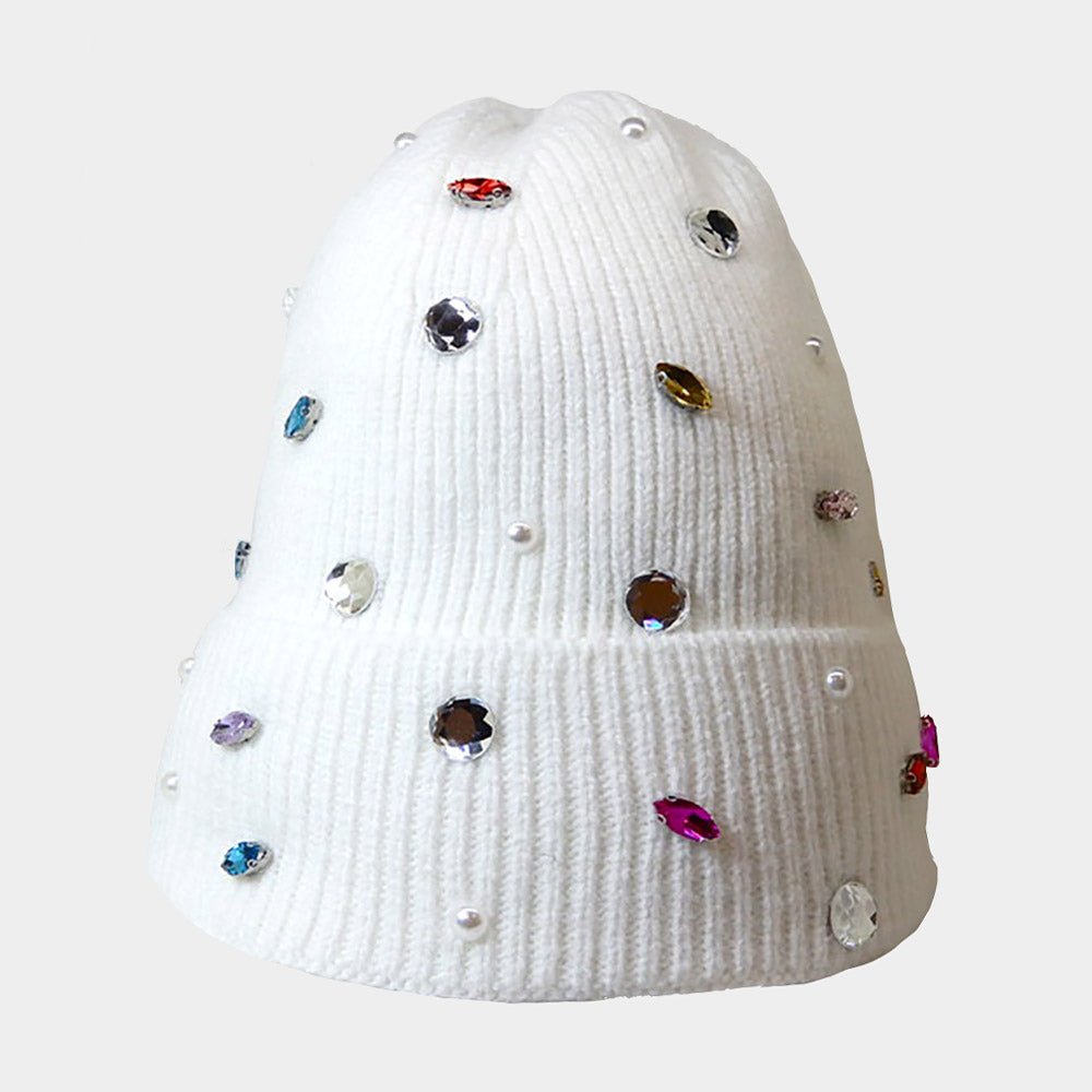 Pearl Embellished Fleece Lined Knit Beanie Hat - Hautefull