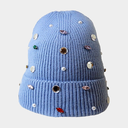 Pearl Embellished Fleece Lined Knit Beanie Hat - Hautefull