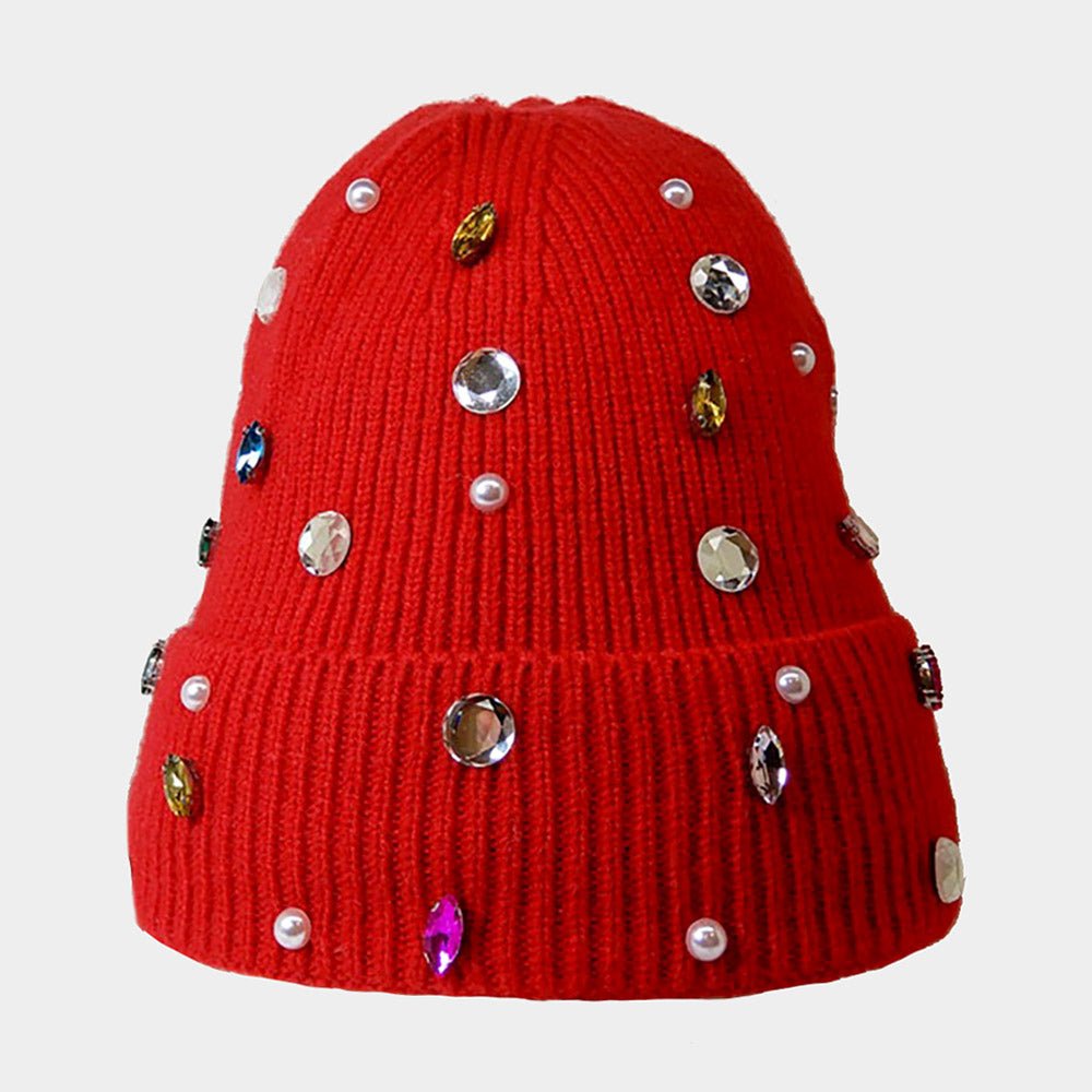 Pearl Embellished Fleece Lined Knit Beanie Hat - Hautefull